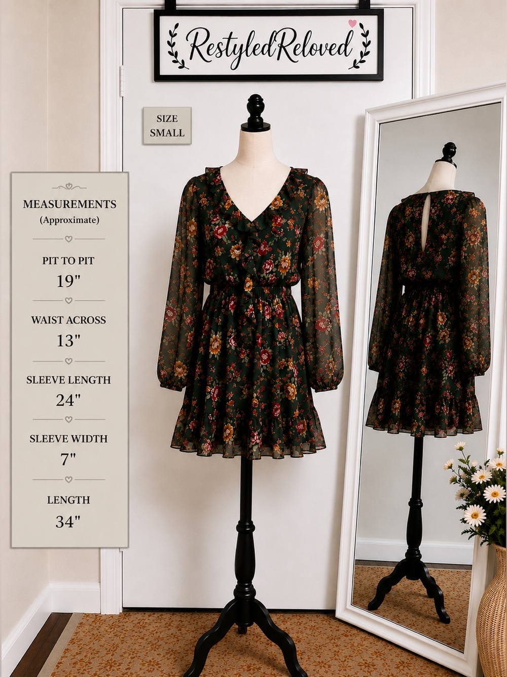 Trixxi Los Angeles Floral Ruffle Mini Dress Green Size S NWT Removable Scarf